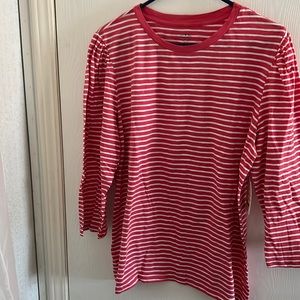 Coral color, striped 3/4 length sleeves, Saint johns bay blouse.